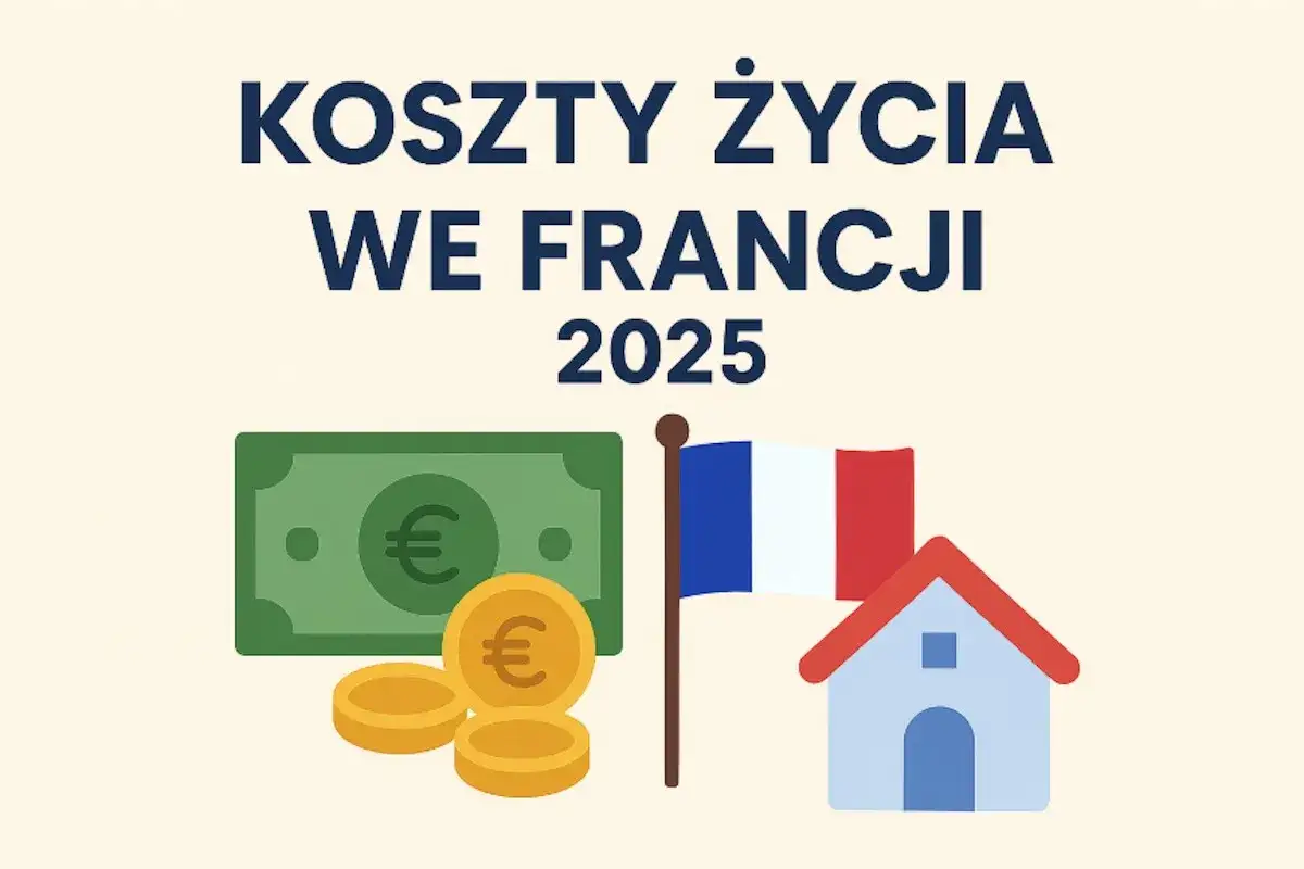 Ile euro na tydzień do Francji? Grafika pokazuje banknot euro, monety, flagę Francji i dom, sugerując koszty życia w 2025 roku.