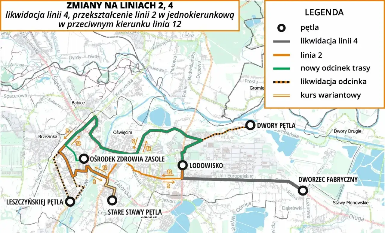 Mapa zmian w rozkładzie jazdy MZK Oświęcim: likwidacja linii 4, przekształcenie linii 2 w jednokierunkową.