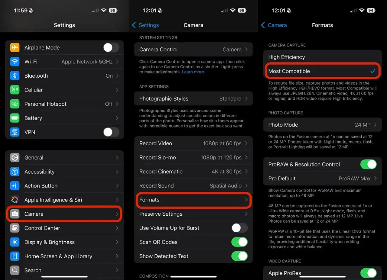 Ustawienia iPhone'a zmiana formatu zdjęć HEIC na JPG