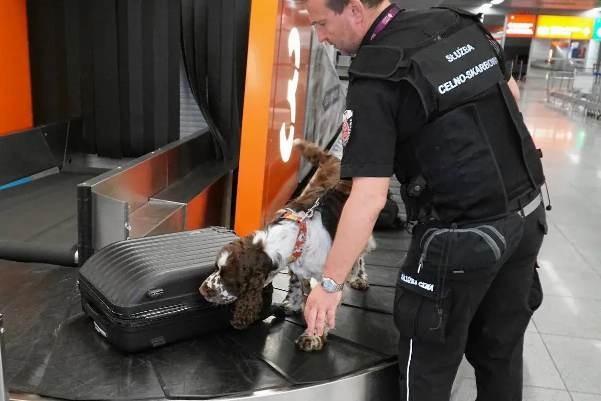 podr&oacute;żny z got&oacute;wką na lotnisku celnik