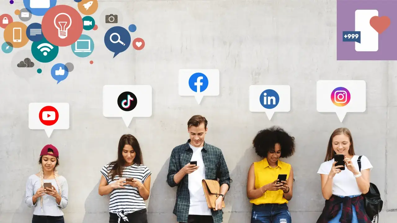 Młodzi ludzie korzystają z telefonów, a nad nimi pojawiają się ikony mediów społecznościowych: YouTube, TikTok, Facebook, LinkedIn, Instagram. Każdy jest fanem czegoś innego.