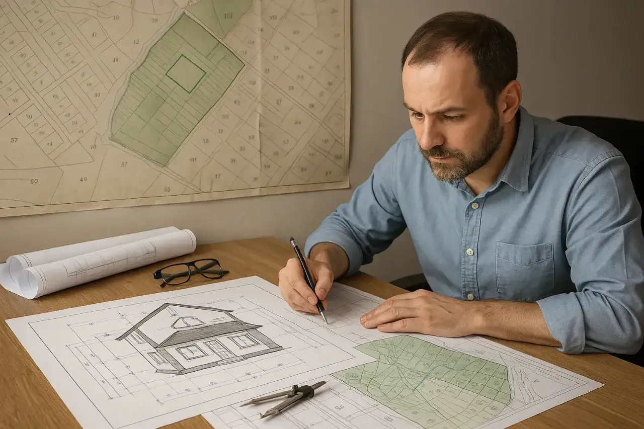 Architekt pracuje nad adaptacją projektu budowlanego, analizując mapy i szkice domu.