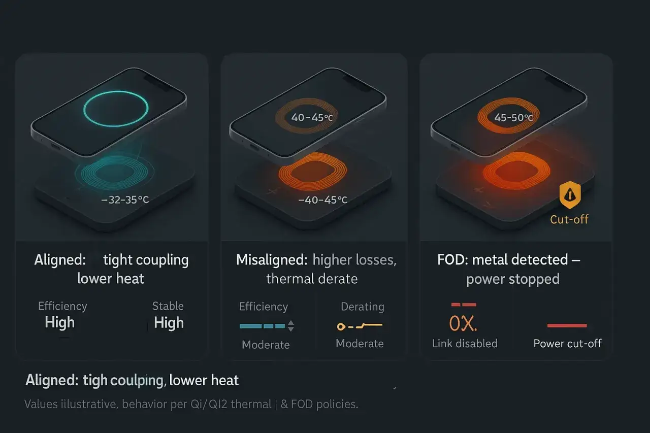 Ładowanie indukcyjne Samsung: idealne wyr&oacute;wnanie to niższa temperatura i wysoka wydajność. Błąd lub metal zatrzymują ładowanie.