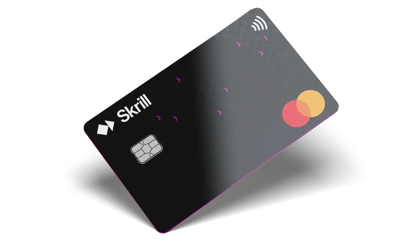 Karta Skrill z chipem i symbolami zbliżeniowymi, gotowa do skrill wypłata z bankomatu.