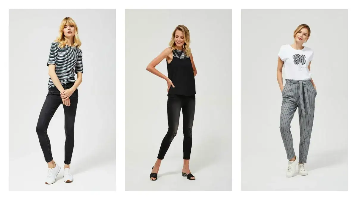 stylizacje czarna bluzka kolorowe spodnie