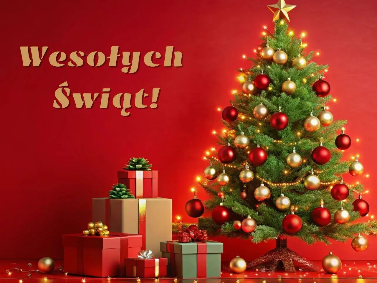 Wesołych Świąt! Piękna choinka i prezenty czekają na wysłanie jako życzenia na święta bożego narodzenia sms.