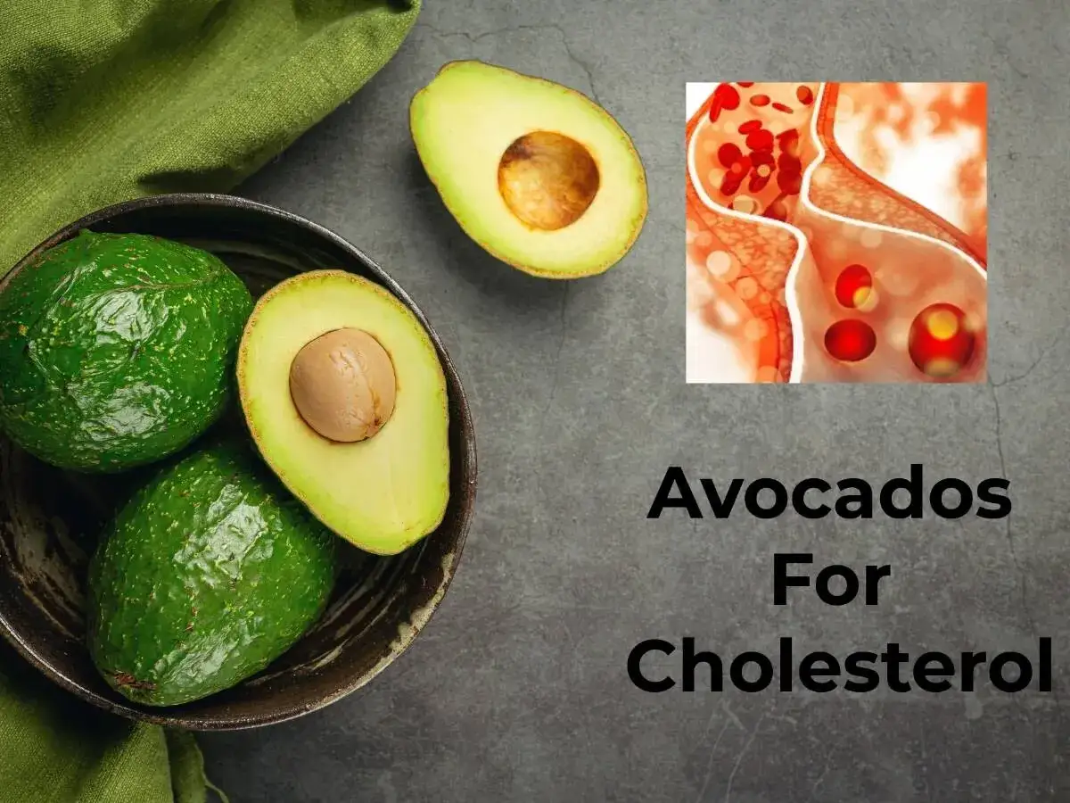 Awokado w misce i przekrojone, obok grafika przedstawiająca naczynia krwionośne z cholesterolem. Awokado dla zdrowia.
