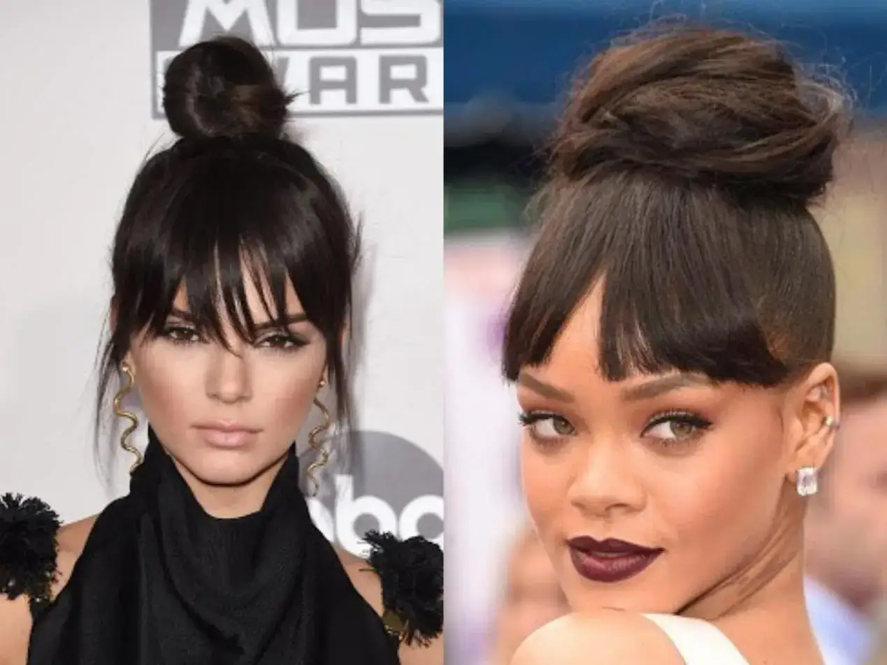 Kendall Jenner i Rihanna w eleganckich fryzurach: wysoki koczek z grzywką i wyraziste makijaże.