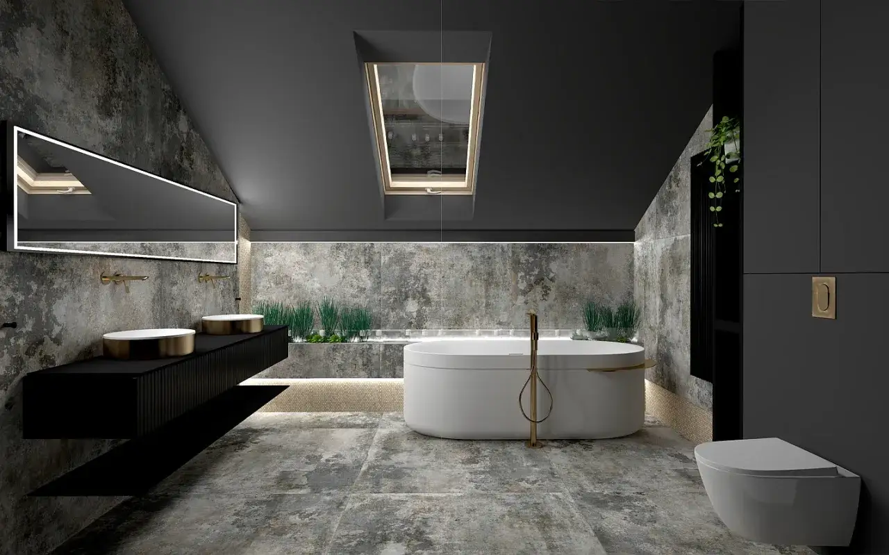 Nowoczesne aranżacje oświetlenie łazienki: wanna, dwie umywalki, toaleta i lustro z podświetleniem.