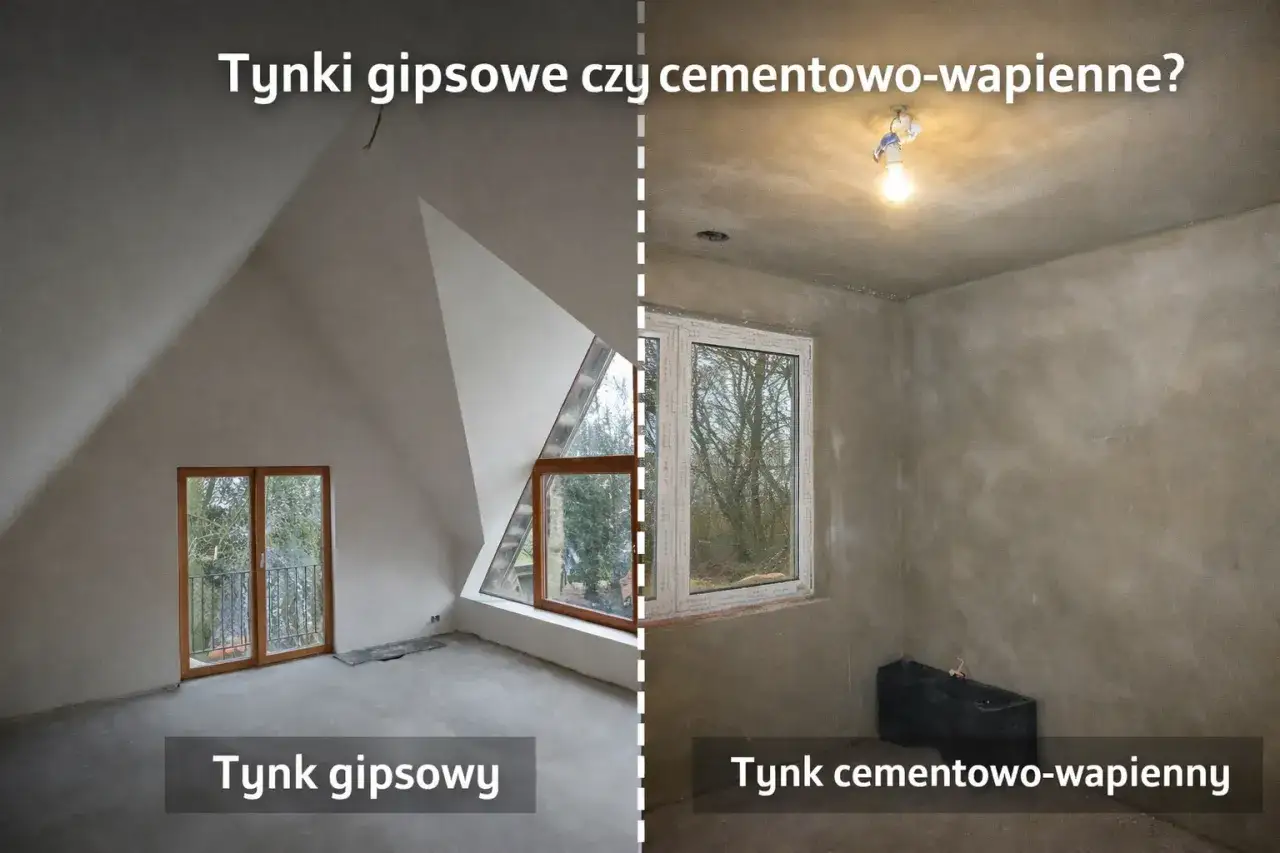 Porównanie: jakie tynki do domu? Gipsowy w jasnym pokoju ze skosami i okami, cementowo-wapienny w ciemniejszym pomieszczeniu.