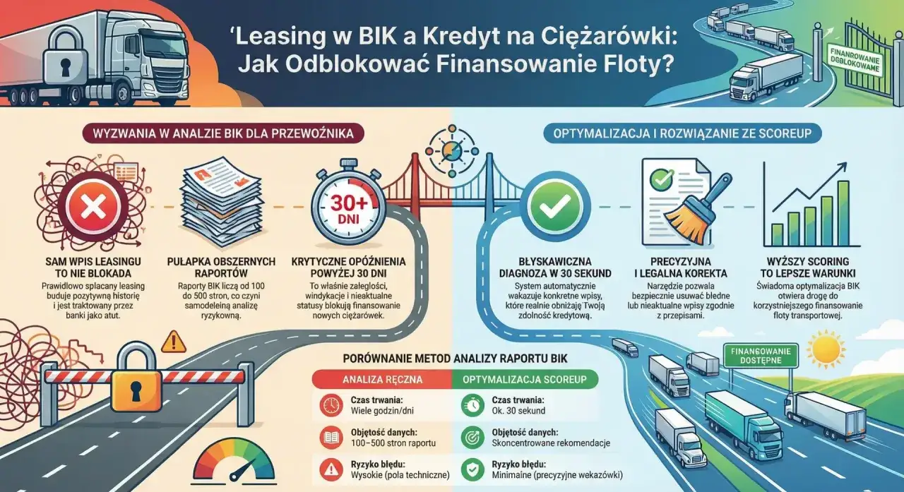 Leasing w BIK a kredyt dla firm bez BIK. Optymalizacja analizy raportów BIK i poprawa scoringu dla finansowania floty.