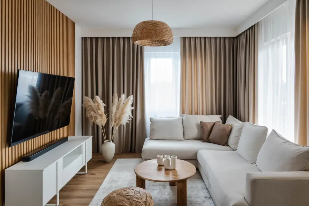 Nowoczesne zasłanianie okien w salonie z beżowymi zasłonami i białymi firankami, tworzące przytulną atmosferę.