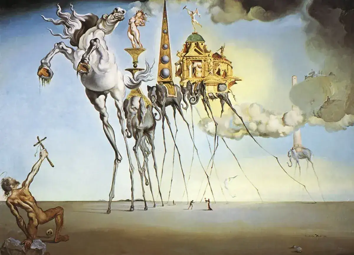 Długonogie słonie i koń unoszą się na pustyni, budząc pytanie: co to surrealizm?