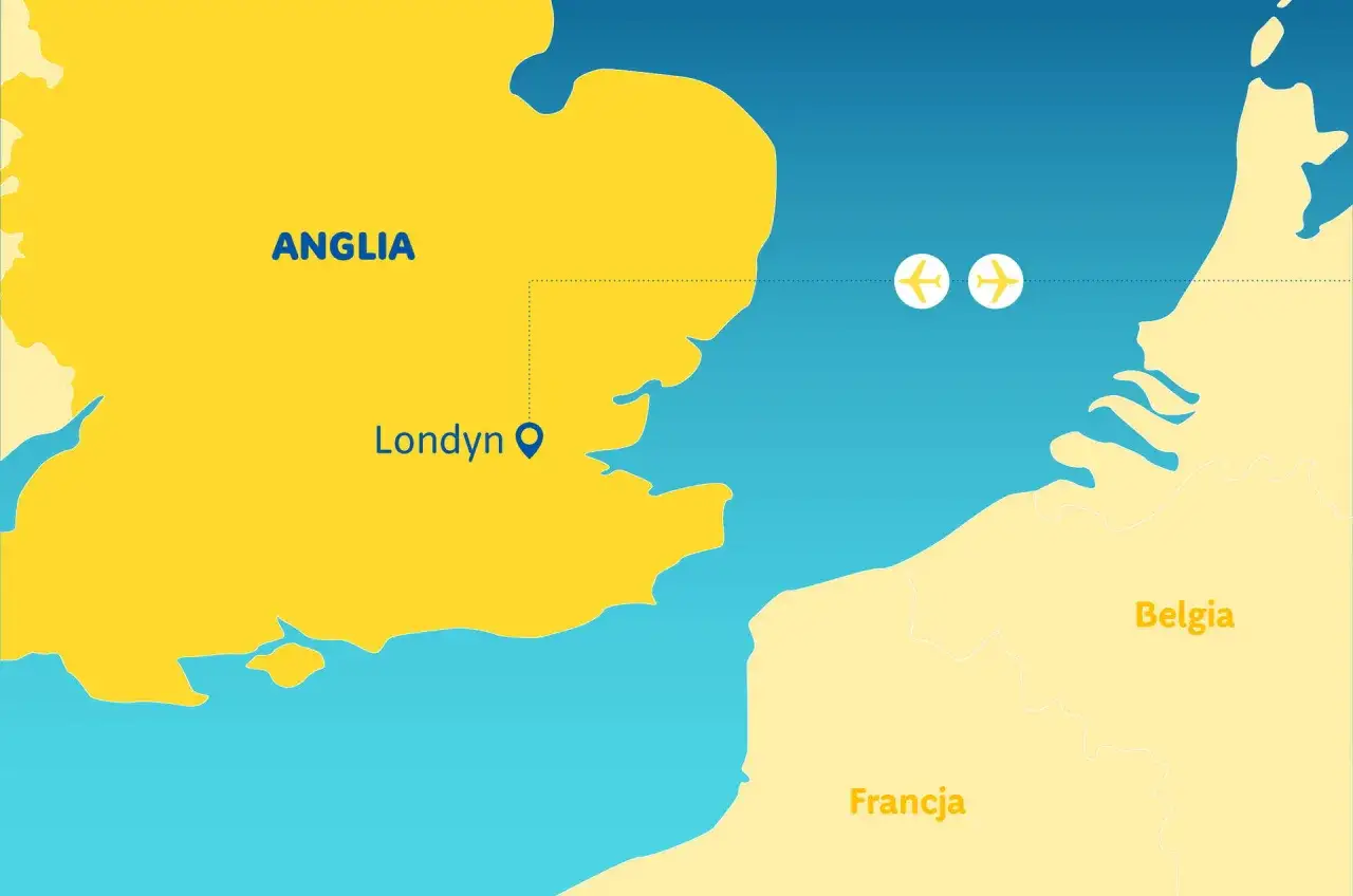 Mapa pokazuje Anglię z zaznaczonym Londynem i samoloty lecące nad kanałem La Manche. Zastanawiasz się, ile kosztuje nocleg w Londynie?