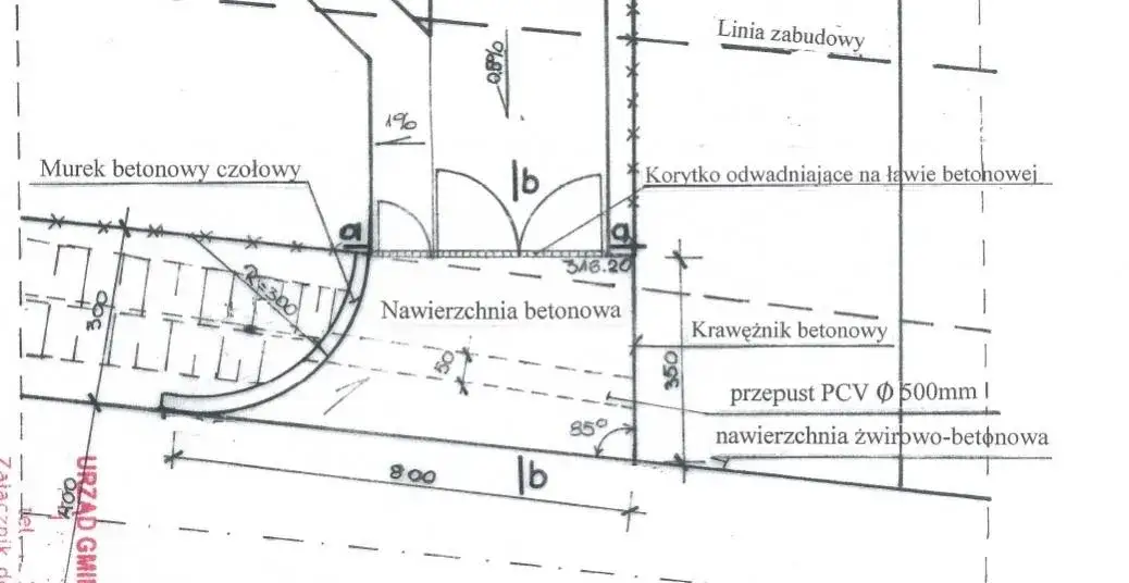 Przekrój poprzeczny wjazdu na działkę przez rów z przepustem