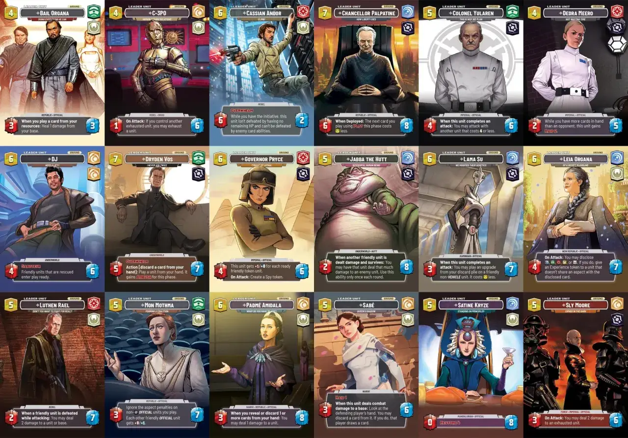 Kolekcjonerska gra karciana z postaciami ze Star Wars: Bail Organa, C-3PO, Cassian Andor, Palpatine, Yularen, Dedra Meero, DJ, Dryden Vos, Governor Pryce, Jabba the Hutt, Lando, Leia Organa, Luthen Rael, Mon Mothma, Padmé Amidala, Sabé, Satine Kryze, S...