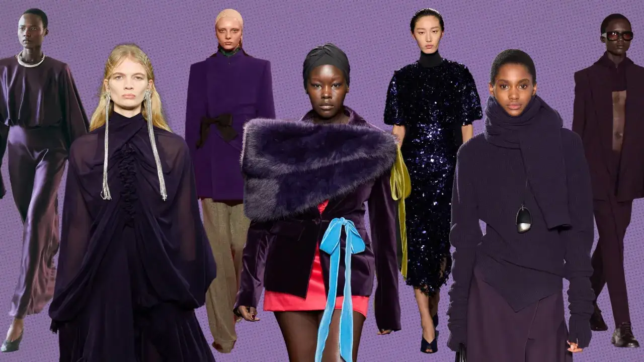 Eleganckie stylizacje z fioletem: od jedwabnych garniturów po cekinowe sukienki i futrzane akcenty.