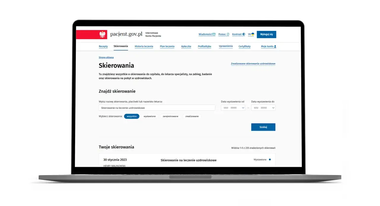 Strona pacjent.gov.pl: jak sprawdzić kolejkę do sanatorium w NFZ. Widok formularza wyszukiwania skierowań i listy Twoich skierowań.