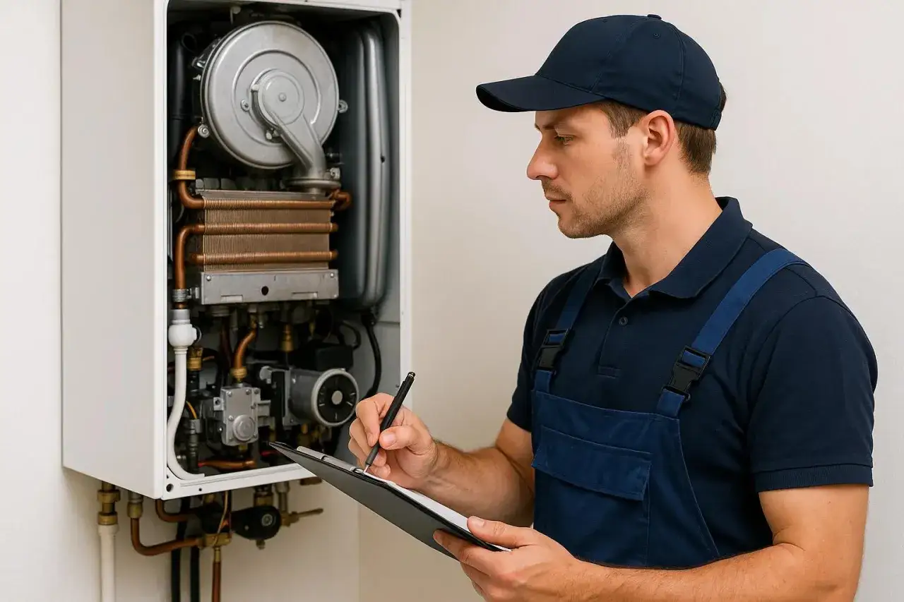 Technik sprawdza piec gazowy, notując dane. Czy przegląd pieca gazowego jest obowiązkowy? To ważne dla bezpieczeństwa.