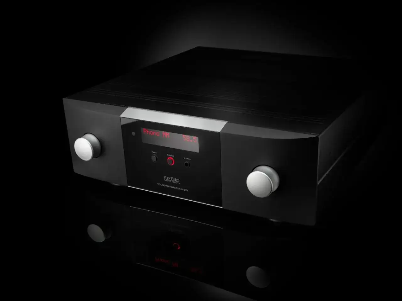 Elegancki wzmacniacz zintegrowany Mark Levinson 5805 w czarnym kolorze, z dwoma pokrętłami i czerwonym wyświetlaczem.
