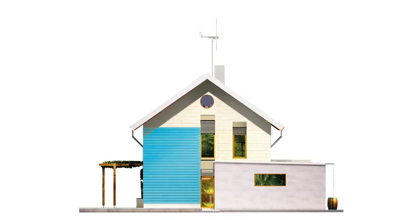 Nowoczesny dom samowystarczalny za 150 tys. z turbiną wiatrową na dachu i niebieskim akcentem elewacji.