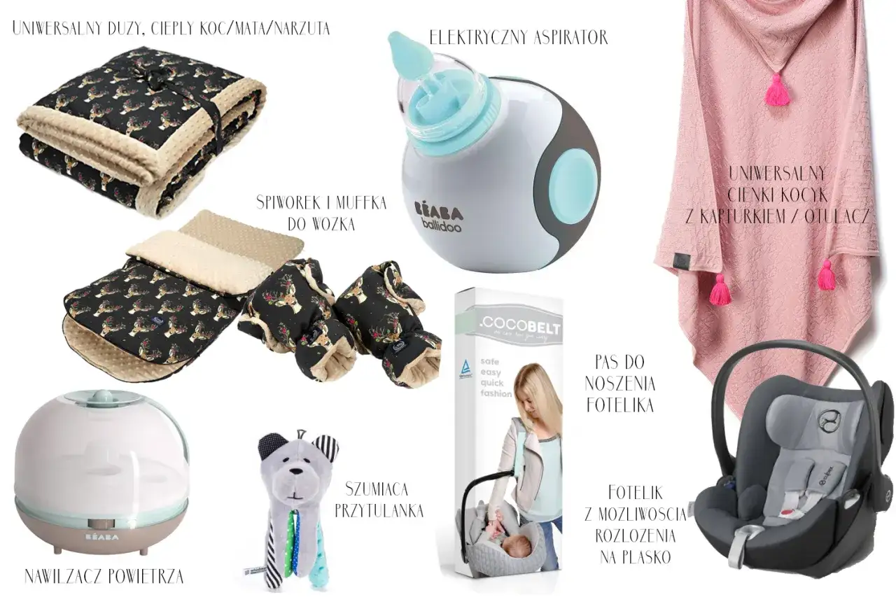 Koc, śpiworek, mufki, aspirator, nawilżacz, przytulanka, pas do noszenia i fotelik samochodowy – komplet akcesoriów dla niemowląt.