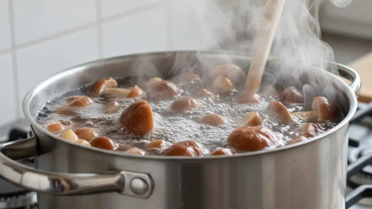 Gotujesz mrożone grzyby w garnku. Para unosi się nad bulgoczącą wodą, a drewniana łyżka miesza zawartość.