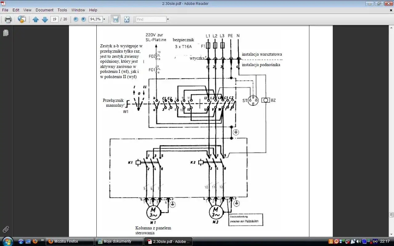 Schemat elektryczny z przełącznikiem manualnym W1, który działa jak przełącznik góra dół, sterując dwoma silnikami M1 i M2.