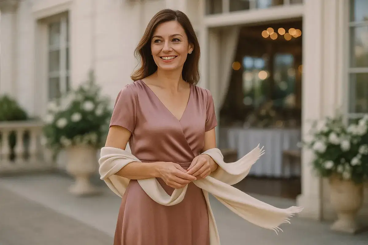 Elegancka kobieta w różowej sukience i beżowym szalu, pokazująca, jak nosić szal do sukienki.