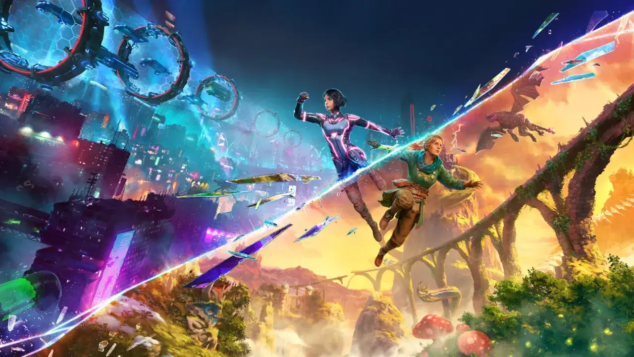 Dwie postacie w dynamicznych pozach, jedna w futurystycznym stroju, druga w fantasy, przemierzają rozdzielony świat. Idealne gry na xbox na dwie osoby.