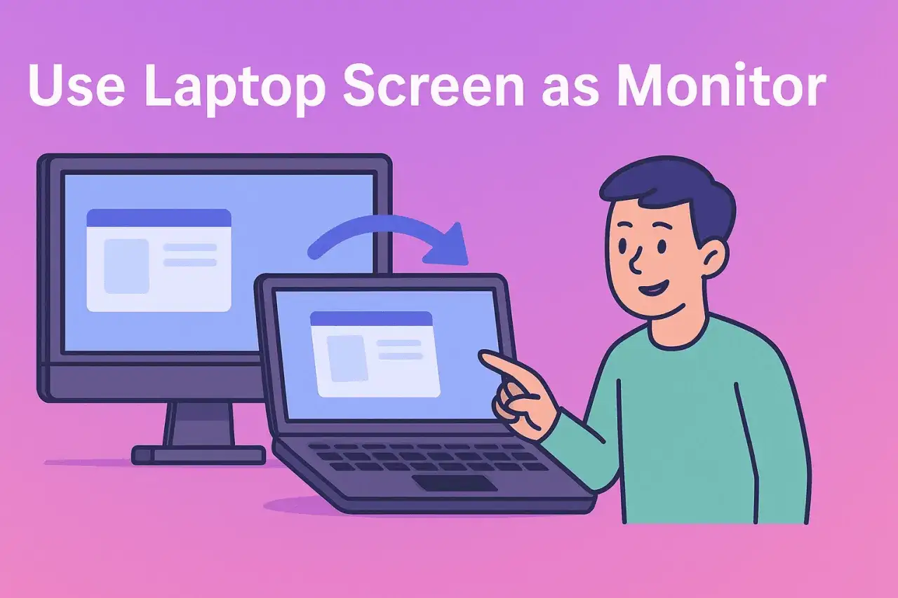 Chłopak pokazuje, jak używać laptopa jako monitora, podłączając go do większego ekranu.