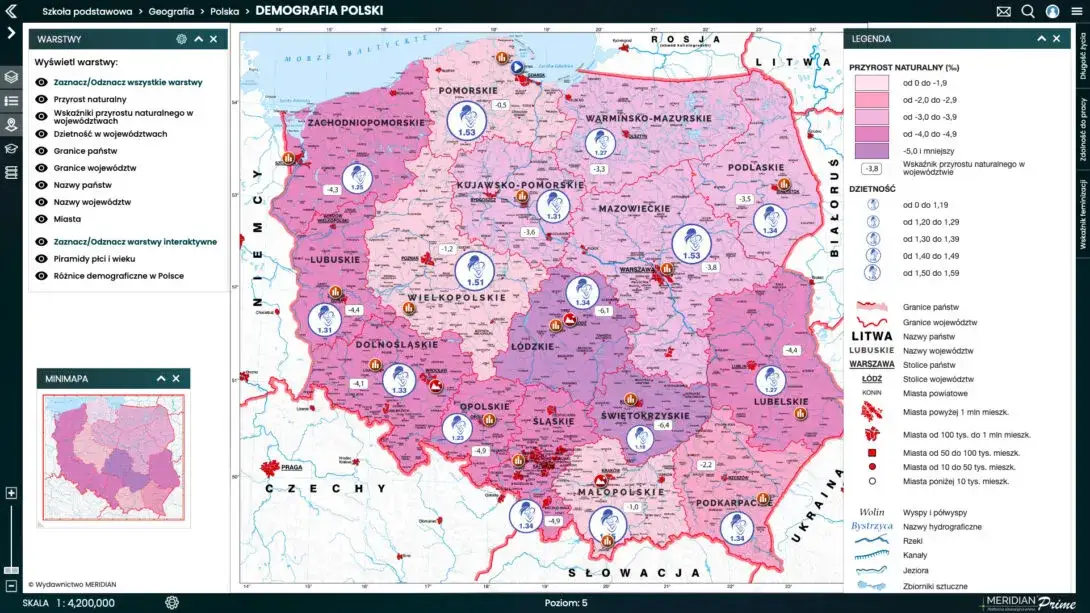 Mapa demograficzna Polski pokazująca wskaźnik dzietności