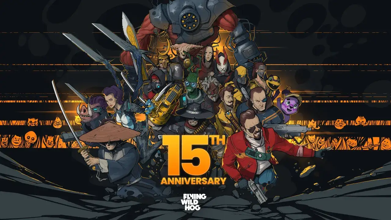 Grupa postaci z gry, w tym postać z maską dzika, świętuje 15. rocznicę Flying Wild Hog.