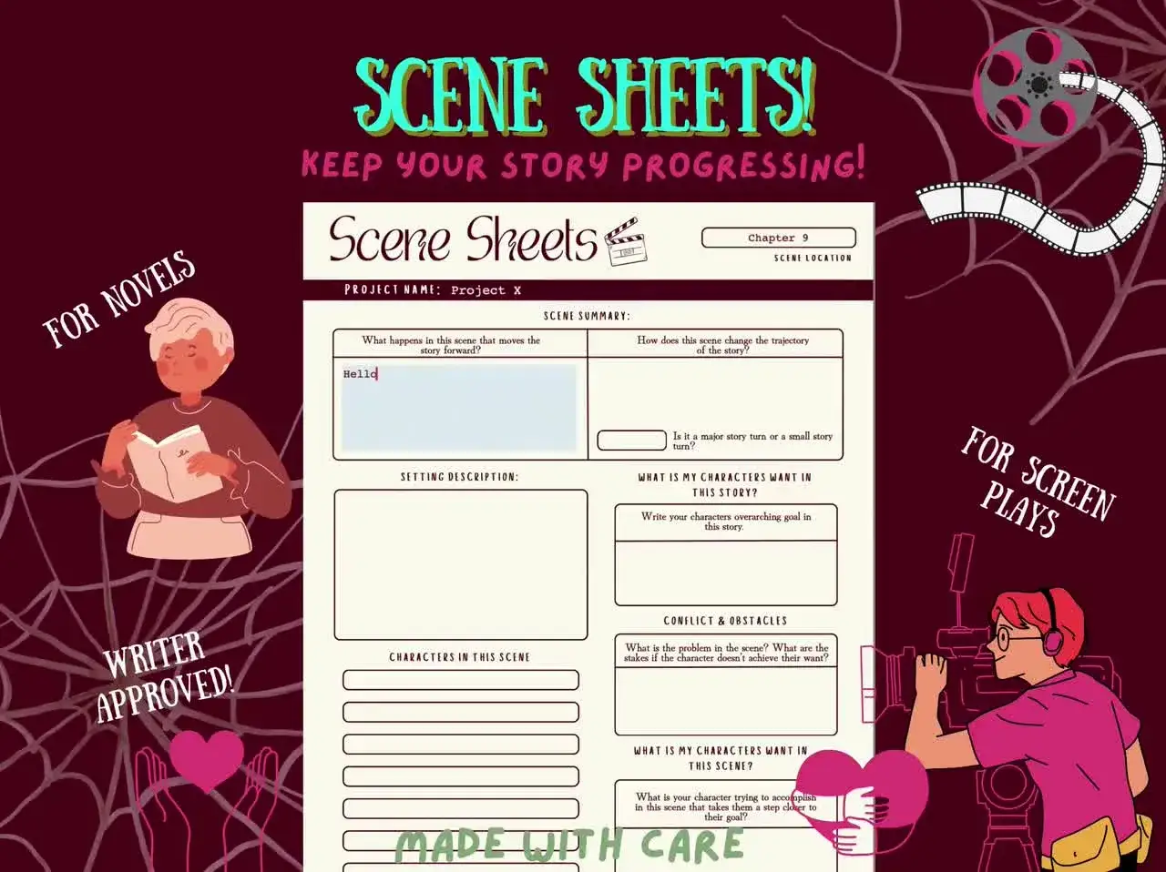 Szablony scen pomagają w planowaniu powieści, pokazując różnicę między arkuszem postaci a arkuszem sceny.