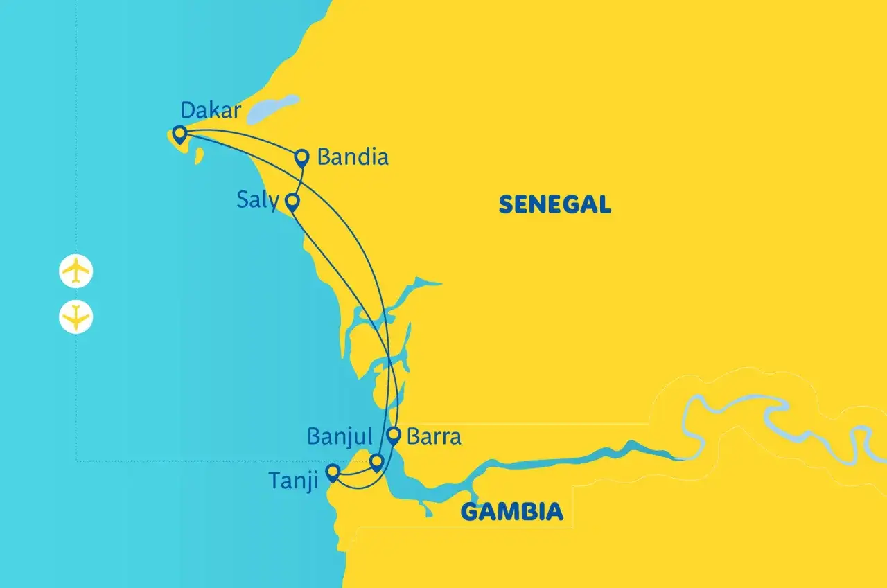 Mapa podróży po Senegalu i Gambii, pokazująca trasę od Dakaru przez Saly i Bandię, a następnie wzdłuż rzeki Gambia do Banjul i Barra.
