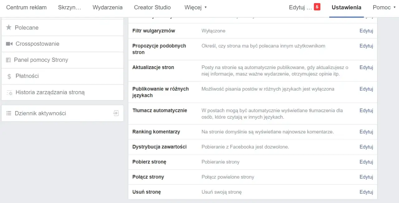 Facebook ustawienia strony usuwanie