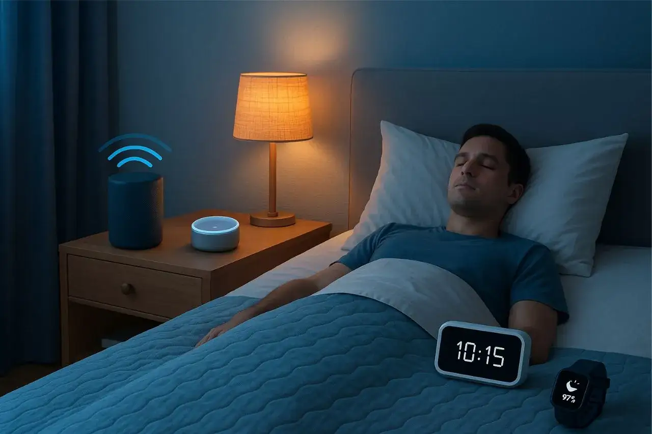 Mężczyzna śpi spokojnie, słuchając medytacji do snu. Obok niego na stoliku nocnym stoją inteligentne głośniki i lampka.