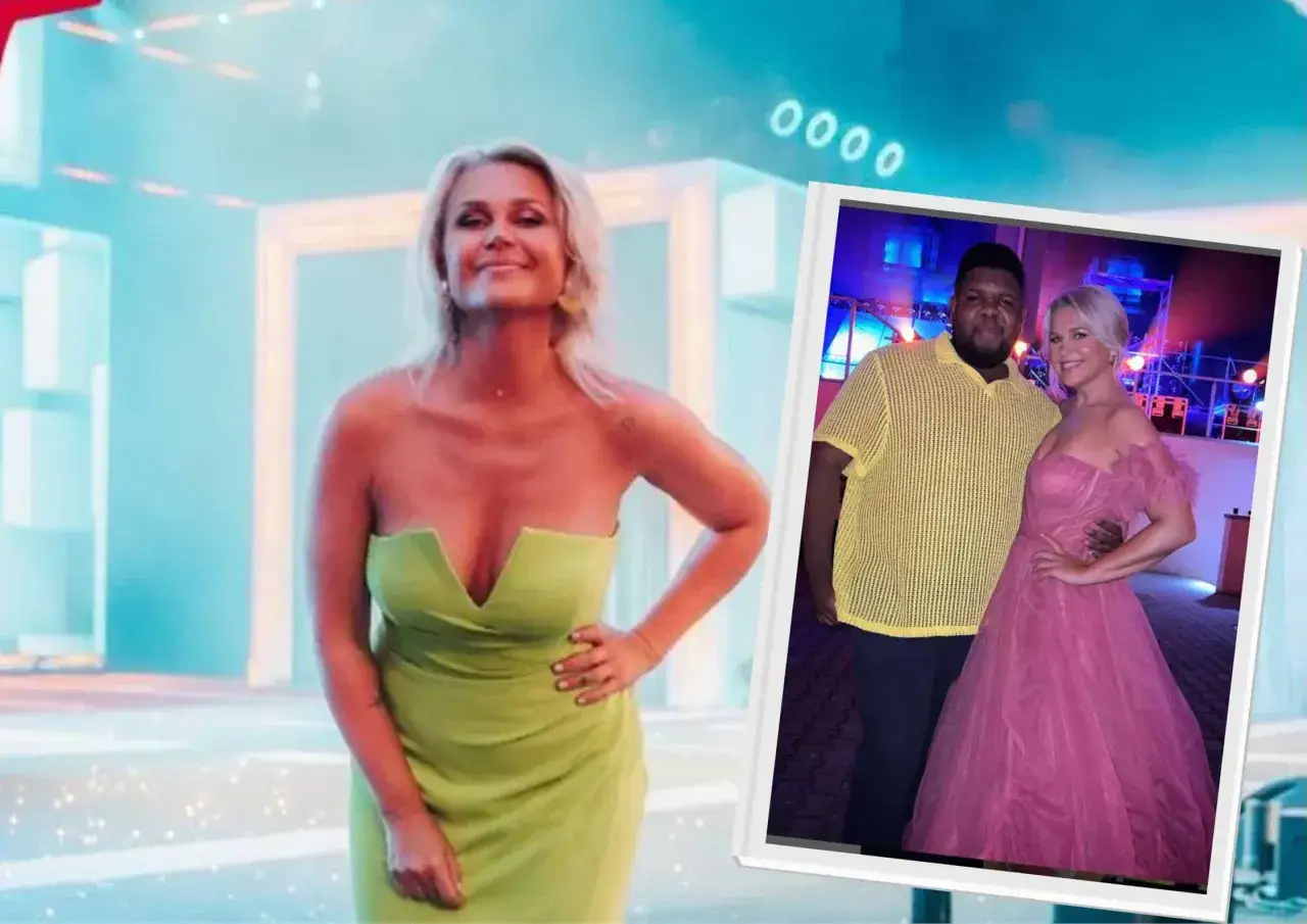 Agnieszka Kołodziejska w zielonej sukni i na zdjęciu z partnerem w różowej kreacji. Wiek nie jest widoczny.