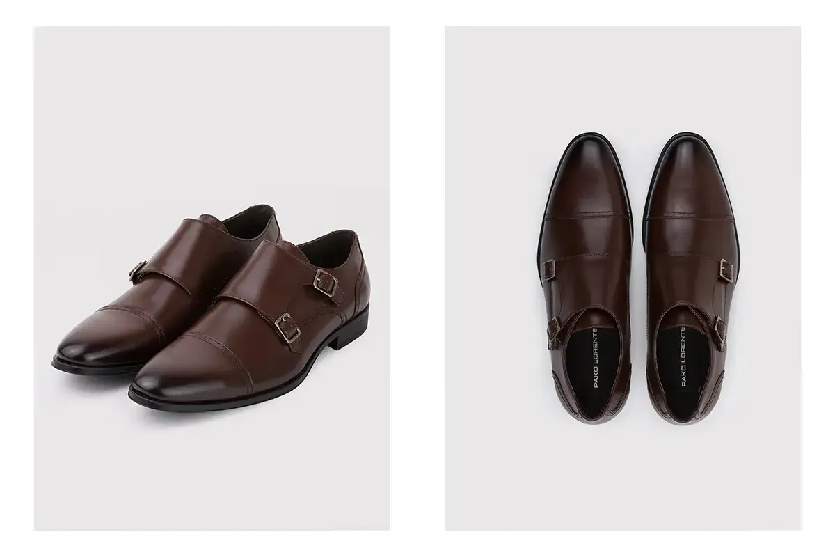 Eleganckie brązowe półbuty z podwójnymi klamrami – idealne, jakie buty do garnituru.