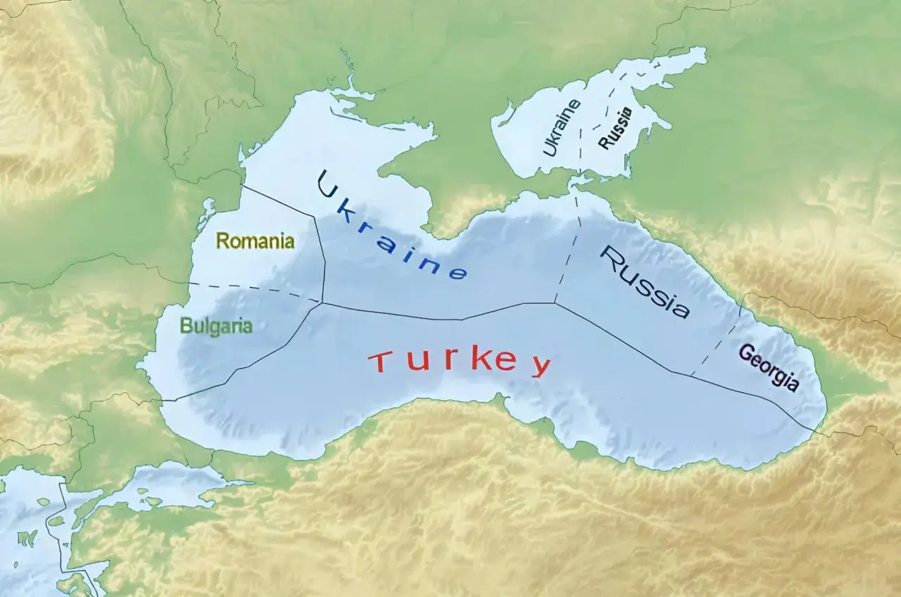 Mapa pokazuje, gdzie jest Morze Czarne, otoczone przez Turcję, Bułgarię, Rumunię, Ukrainę, Rosję i Gruzję.