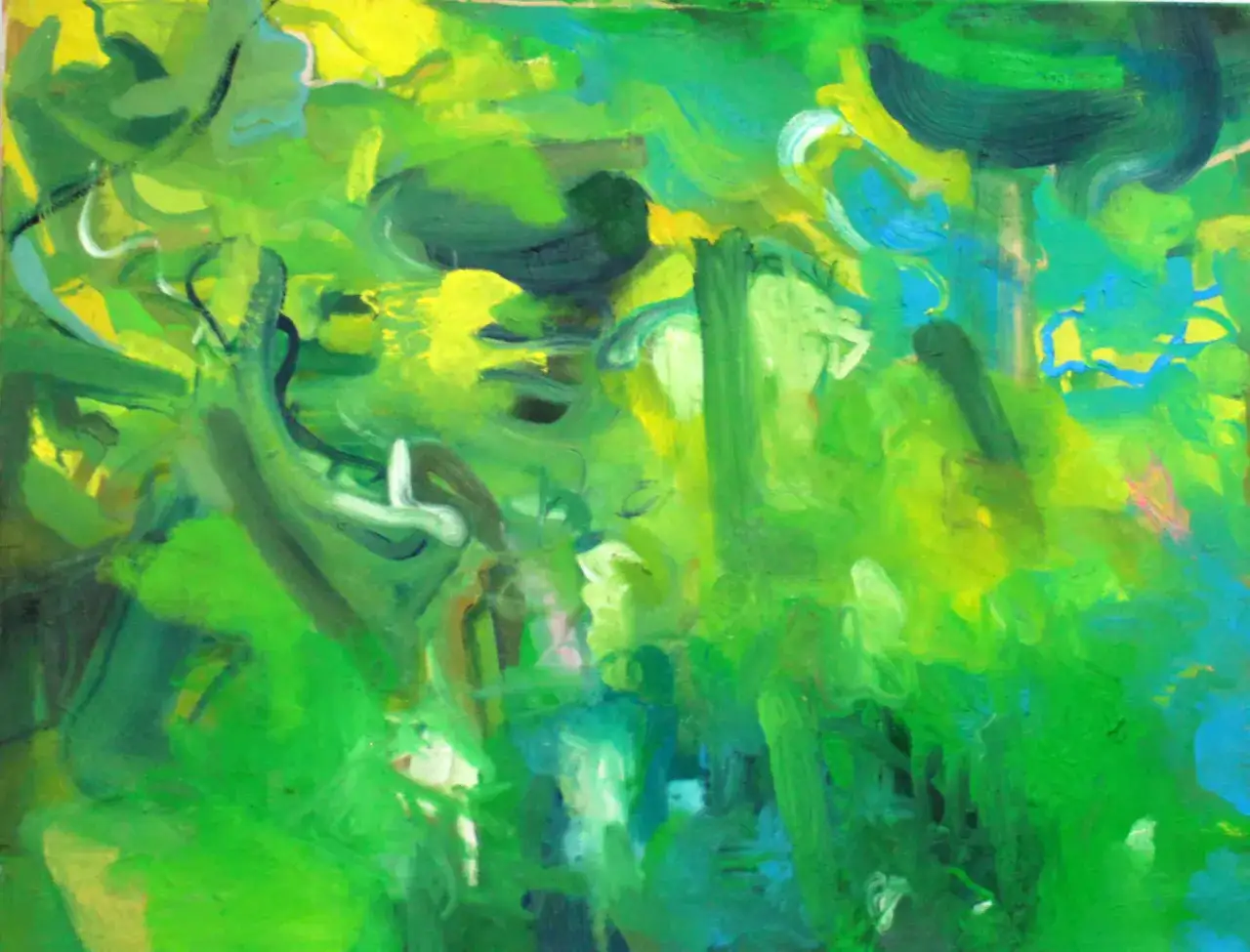 Abstrakcyjne pociągnięcia pędzla w odcieniach zieleni i ż&oacute;łci. Dygresja co to? To jakby spojrzenie na naturę przez pryzmat emocji.