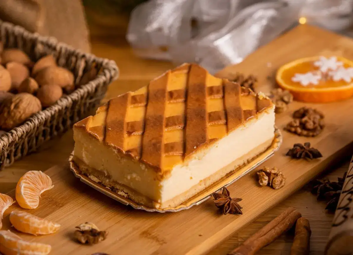 Idealne kruche ciasto pod sernik – złociste, delikatne, z kratką. Obok mandarynki, orzechy i gwiazdki anyżu.