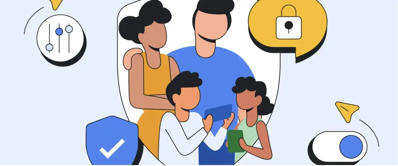 Ilustracja przedstawia rodzinę i ikony symbolizujące bezpieczeństwo cyfrowe. Dowiedz się, jak założyć blokadę rodzicielską, by chronić dzieci online.