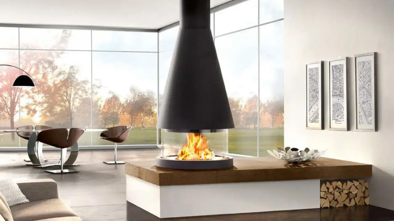 nowoczesny kominek w salonie minimalistycznym