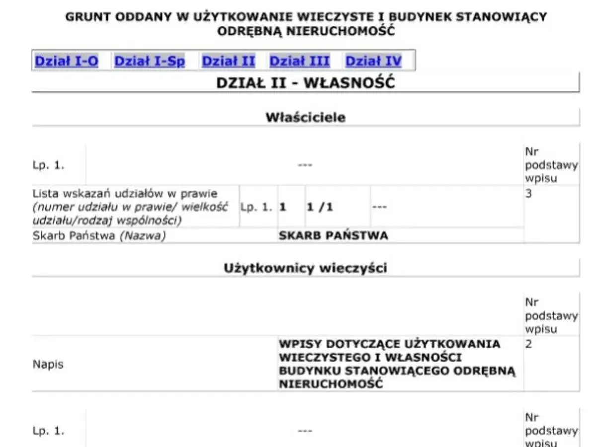 Jak wygląda księga wieczysta online, przykład strony z księgi wieczystej