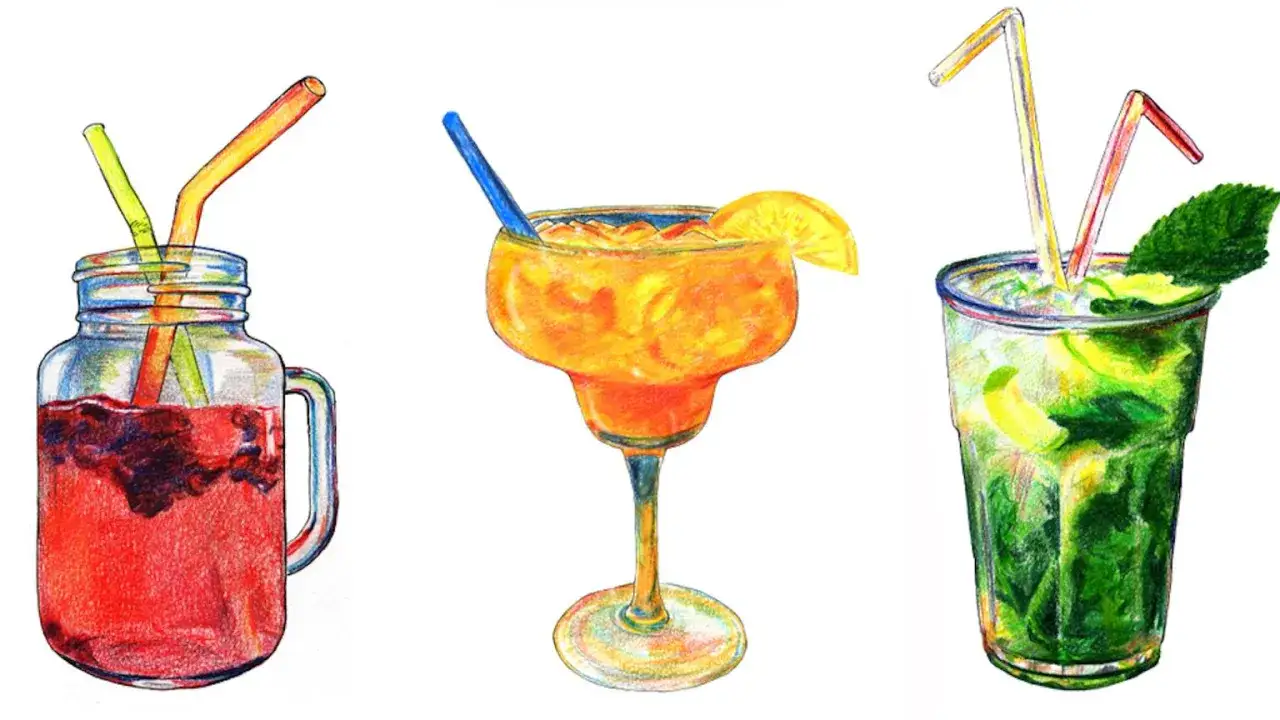 Kolorowe drinki przepisy: czerwony w słoiku, pomarańczowy w kieliszku margarita, zielony z miętą.