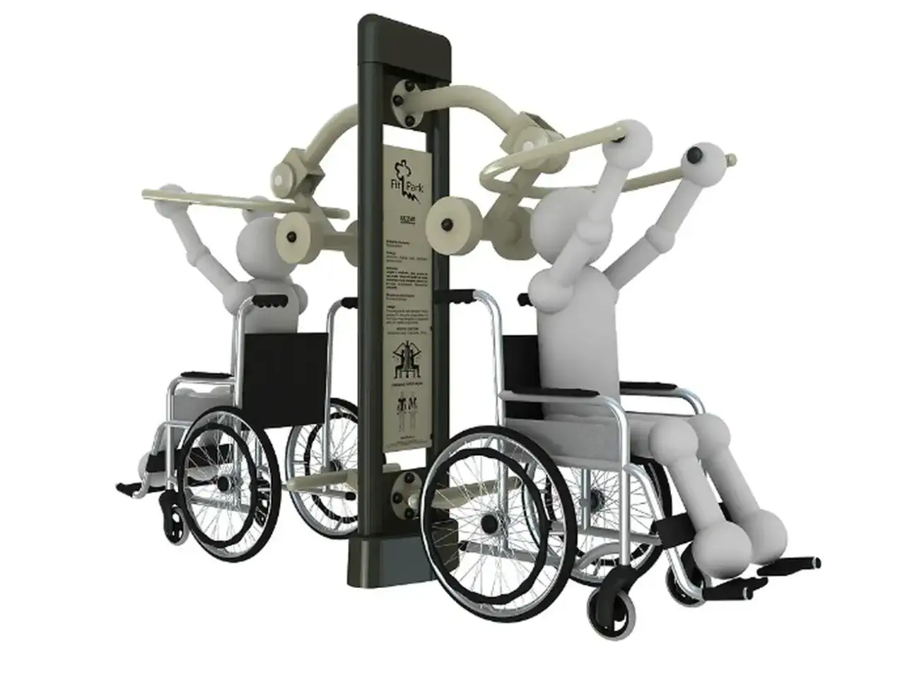Dwie postacie na wózkach ćwiczą na siłowni dla niepełnosprawnych. Sprzęt umożliwia aktywność fizyczną wszystkim.