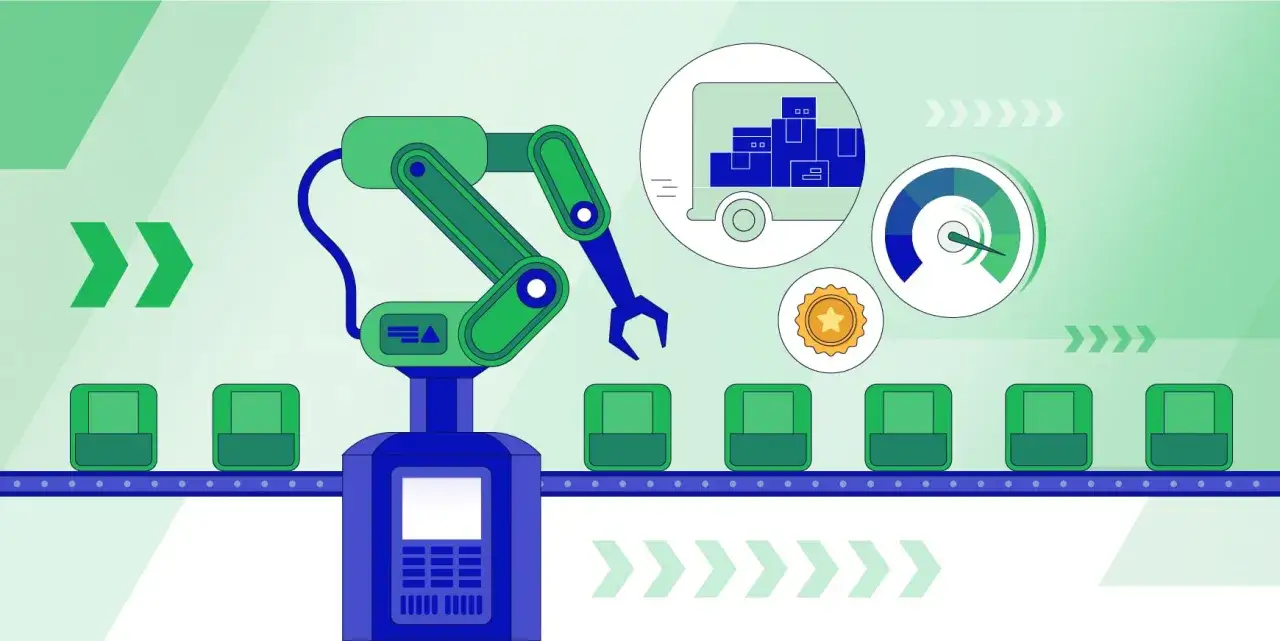 Zautomatyzowana linia produkcyjna z robotem, kt&oacute;ry pakuje paczki do wysyłki. Wskaźniki pokazują wydajność. To przykład genchi genbutsu w logistyce.