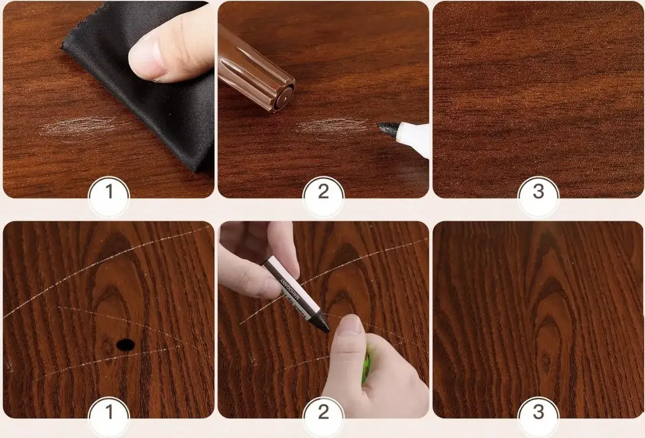 Jak załatać dziurę w panelach: czyścimy, malujemy markerem, efekt końcowy.