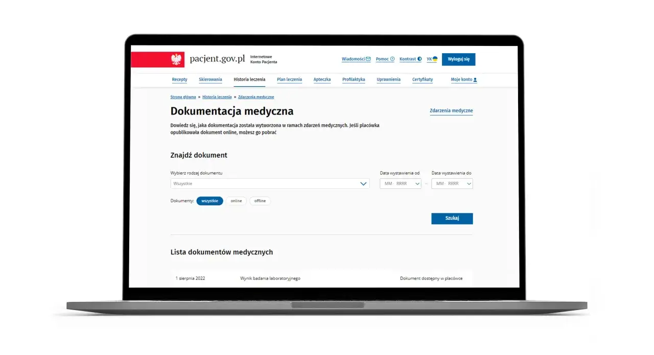 Jak sprawdzić wyniki z laboratorium na Internetowym Koncie Pacjenta. Widoczna jest lista dokumentów medycznych, w tym wynik badania laboratoryjnego z 1 sierpnia 2022.